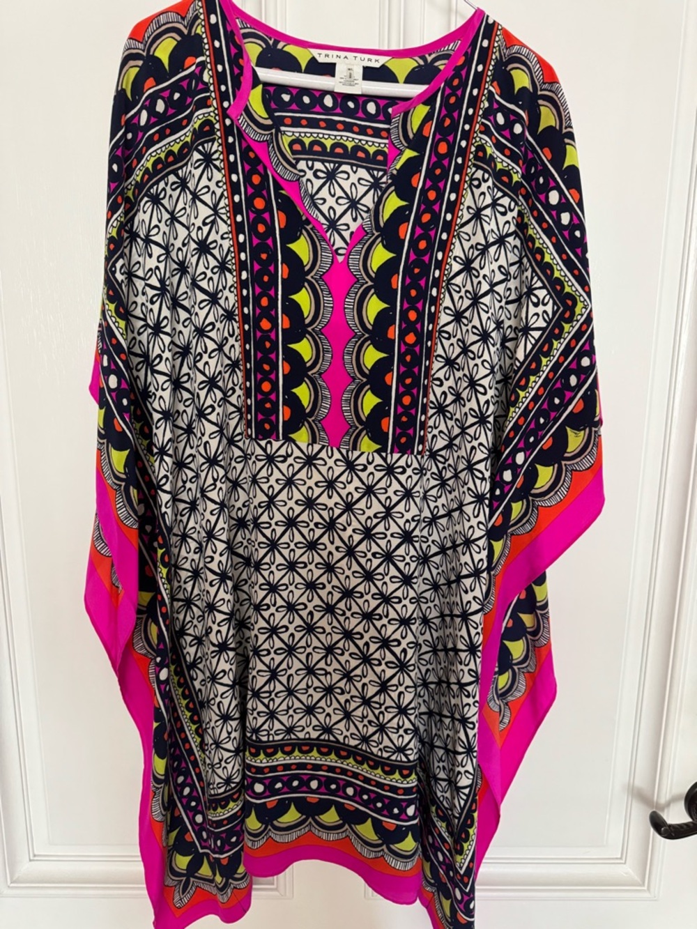 Trina Turk Neon Pink Trim Navy & Lime Patterned Tunic
